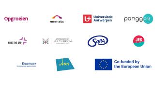 logo's van partners Agentschap Opgroeien, Emmaüs, Universiteit Antwerpen, Mind the gap, Multiversum, Jes, Pangg0-18, Netwerk Sara, Jint, Erasmus +, en co-funded bij the European Union